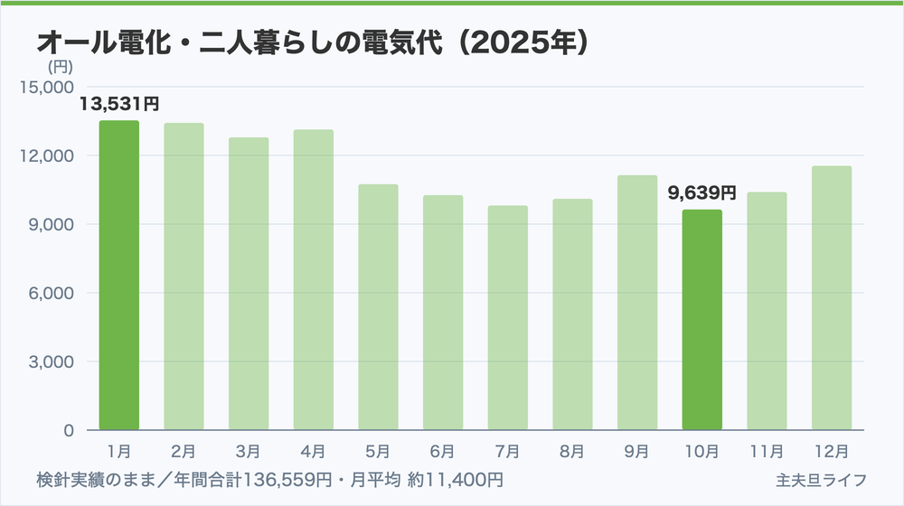 オール電化・二人暮らしの電気代(2025年の12ヶ月)